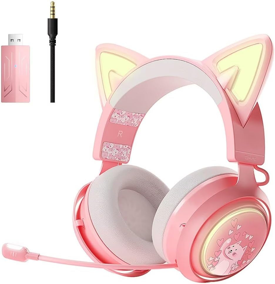 SOMIC Cat Ear Headphones, 2.4G/Bluetooth Wireless Gaming Headset for PS5, PS4, PC with RGB Lights and Retractable Mic, 10Hrs Playtime, 7.1 Surround Sound for Laptop, Smartphone-Gs510 Pro - Pink