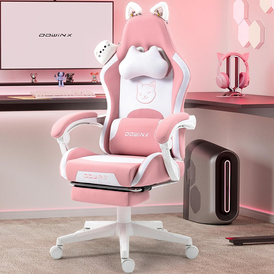 Dowinx Gaming Chair Cute with Cat Ears and Massage Lumbar Support, Ergonomic Computer Chair for Girl with Footrest and Headrest, Comfortable Reclining Game Chair 290Lbs for Adult, Teen, Pink