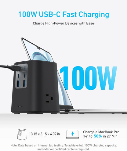 Anker Charging Station (100W), 9-In-1 USB C Power Strip with 300J Surge Protection, for Iphone 15 and Macbook, 5 Ft Flat Cable and Plug, 4 USB C and 2 USB a Ports, 3 AC Outlets, for Home, Office