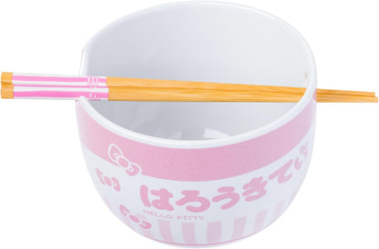 Silver Buffalo Sanrio Hello Kitty Strawberry Milk Japanese Character Ceramic Ramen Noodle Rice Bowl with Chopsticks, Microwave Safe, Pink, 20 Ounces