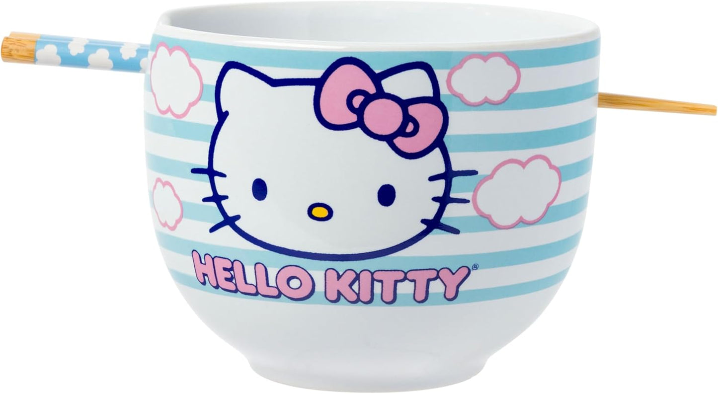 Silver Buffalo Sanrio Hello Kitty Strawberry Milk Japanese Character Ceramic Ramen Noodle Rice Bowl with Chopsticks, Microwave Safe, Pink, 20 Ounces