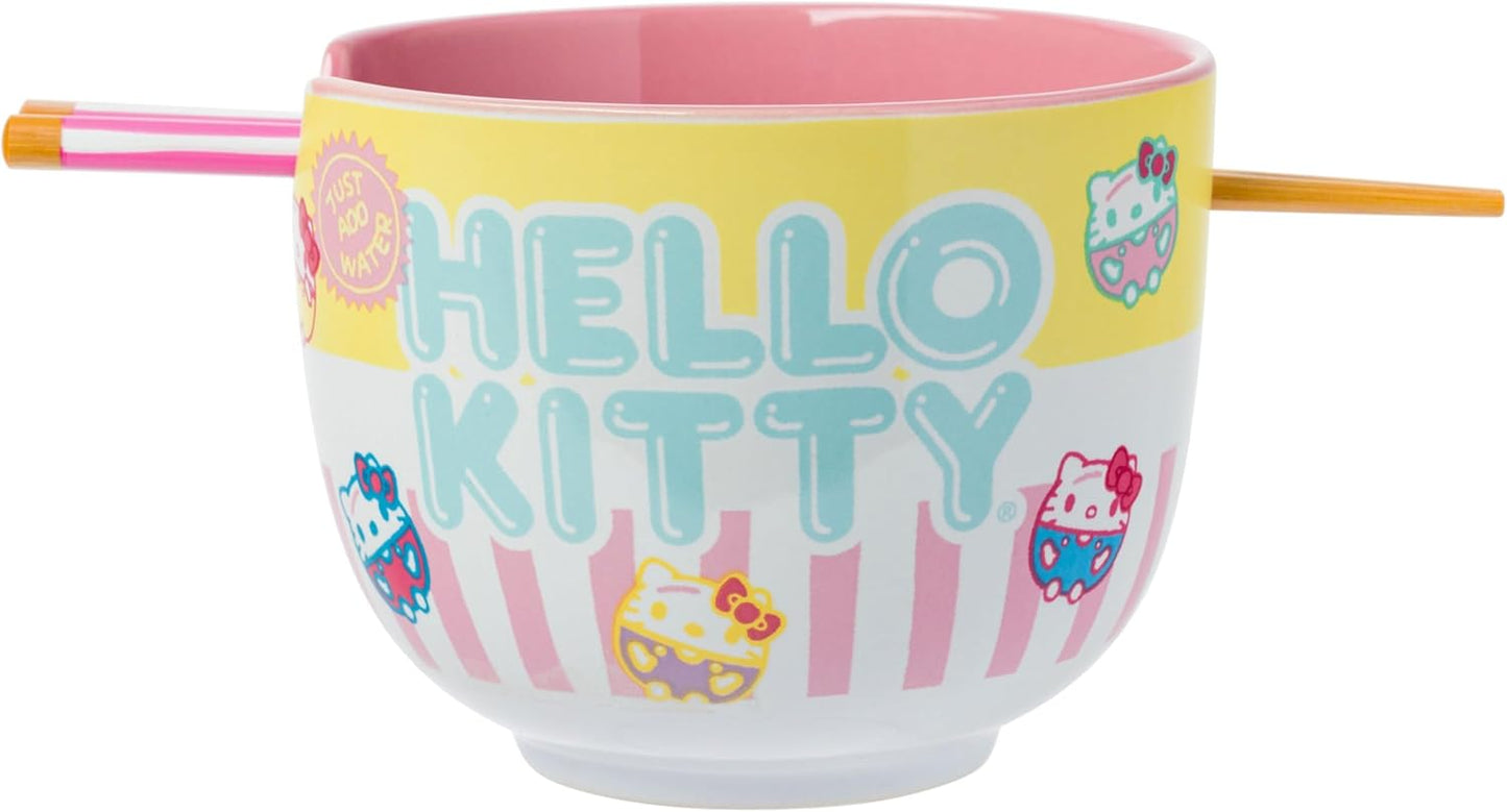 Silver Buffalo Sanrio Hello Kitty Strawberry Milk Japanese Character Ceramic Ramen Noodle Rice Bowl with Chopsticks, Microwave Safe, Pink, 20 Ounces