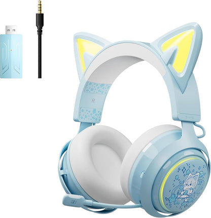 SOMIC Cat Ear Headphones, 2.4G/Bluetooth Wireless Gaming Headset for PS5, PS4, PC with RGB Lights and Retractable Mic, 10Hrs Playtime, 7.1 Surround Sound for Laptop, Smartphone-Gs510 Pro - Pink