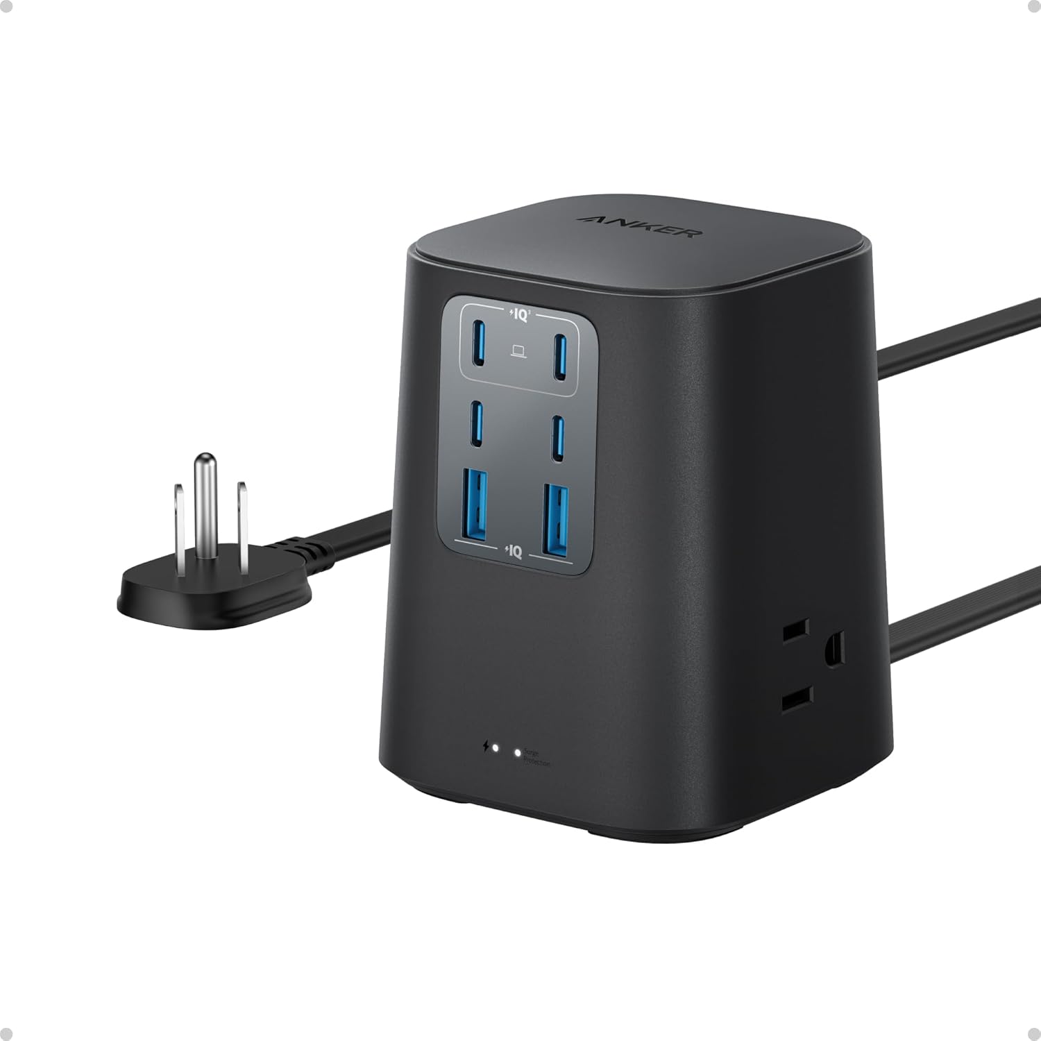 Anker Charging Station (100W), 9-In-1 USB C Power Strip with 300J Surge Protection, for Iphone 15 and Macbook, 5 Ft Flat Cable and Plug, 4 USB C and 2 USB a Ports, 3 AC Outlets, for Home, Office