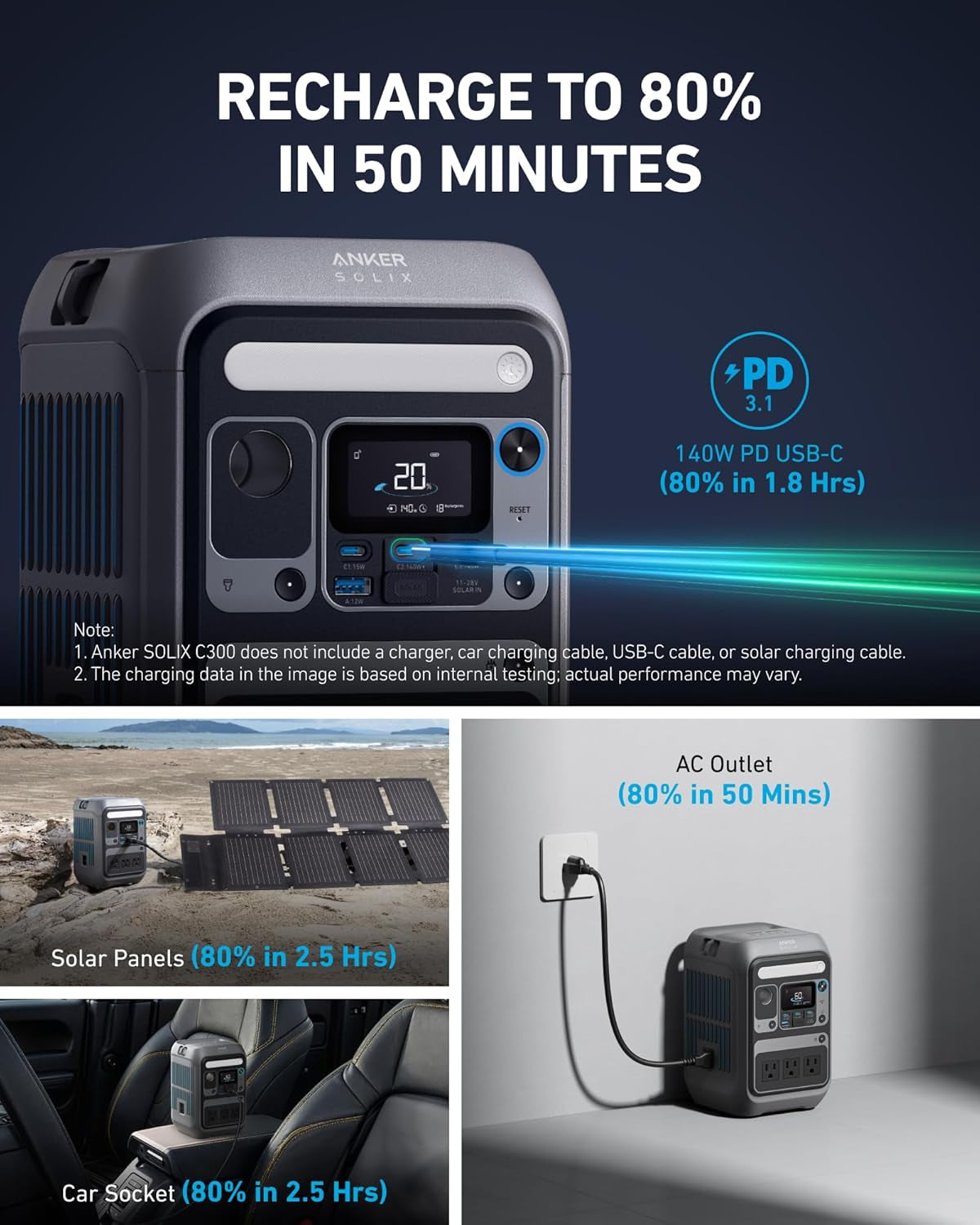 Anker SOLIX C300 Portable Power Station, Outdoor 288Wh Lifepo4 Battery, 300W (600W Surge) Solar Generator, 140W Two-Way Fast Charging, for Camping, Traveling, and Emergencies (Solar Panel Optional)