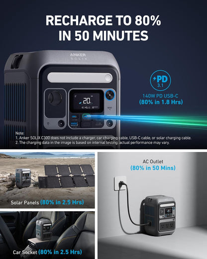 Anker SOLIX C300 Portable Power Station, Outdoor 288Wh Lifepo4 Battery, 300W (600W Surge) Solar Generator, 140W Two-Way Fast Charging, for Camping, Traveling, and Emergencies (Solar Panel Optional)