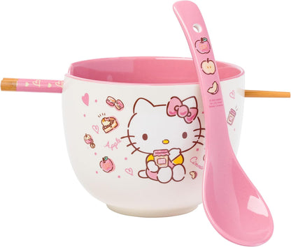 Silver Buffalo Sanrio Hello Kitty Strawberry Milk Japanese Character Ceramic Ramen Noodle Rice Bowl with Chopsticks, Microwave Safe, Pink, 20 Ounces