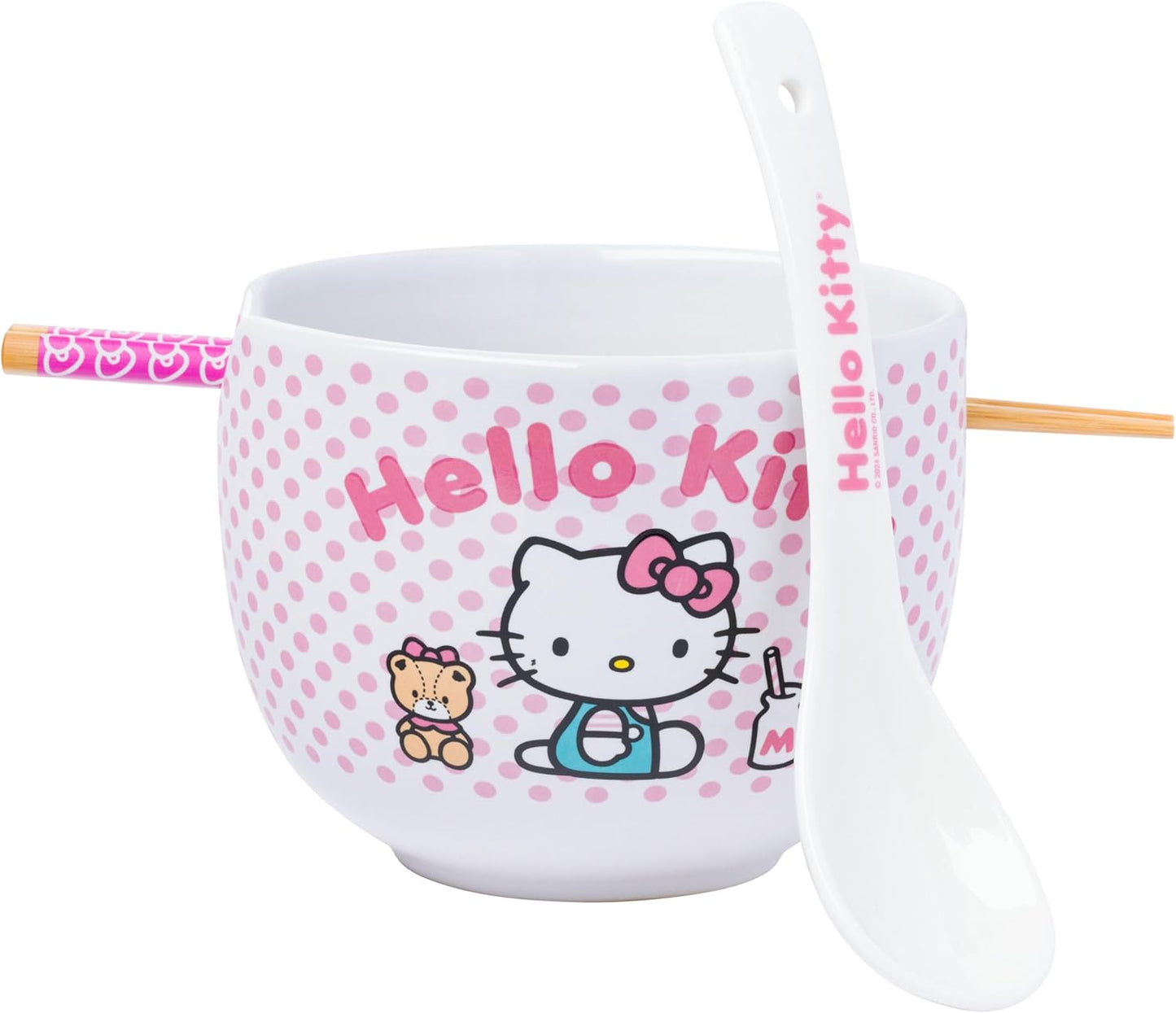 Silver Buffalo Sanrio Hello Kitty Strawberry Milk Japanese Character Ceramic Ramen Noodle Rice Bowl with Chopsticks, Microwave Safe, Pink, 20 Ounces