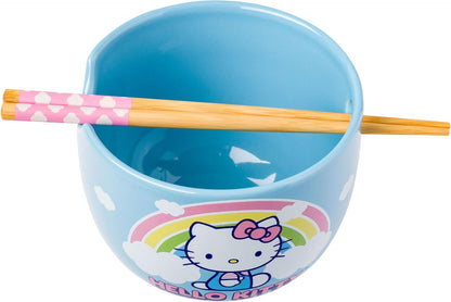 Silver Buffalo Sanrio Hello Kitty Strawberry Milk Japanese Character Ceramic Ramen Noodle Rice Bowl with Chopsticks, Microwave Safe, Pink, 20 Ounces