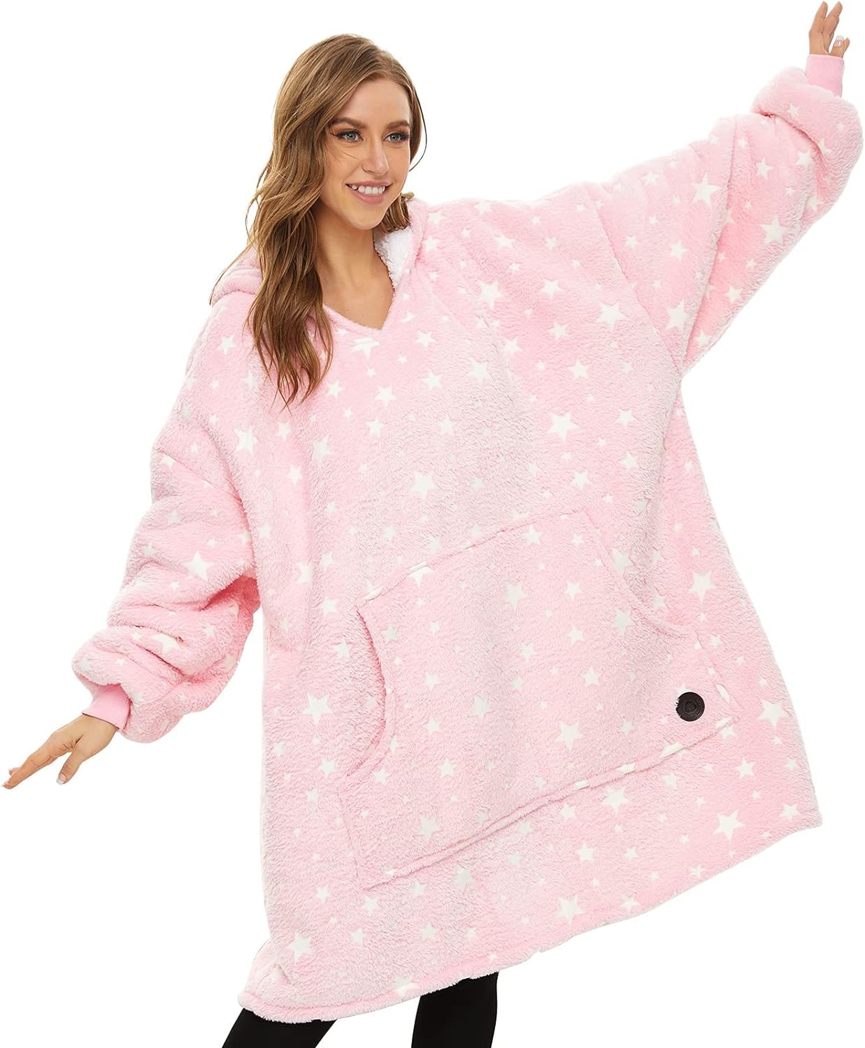 THREE POODLE Wearable Blanket Hoodie for Women, Oversized Sherpa Sweatshirt Blanket for Adults Men, Warm Cozy Star Hooded Blanket, Gifts for Mom Girlfriend Sister