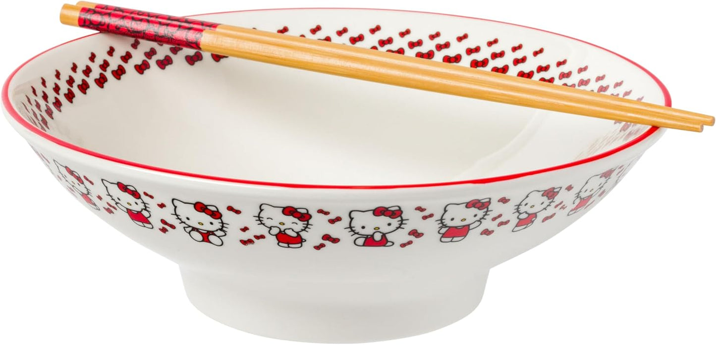 Silver Buffalo Sanrio Hello Kitty Strawberry Milk Japanese Character Ceramic Ramen Noodle Rice Bowl with Chopsticks, Microwave Safe, Pink, 20 Ounces