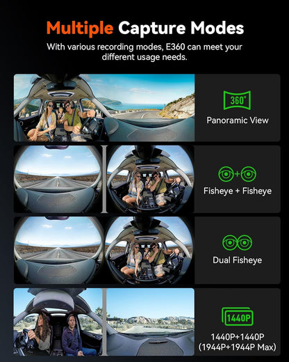 Vantrue E360 5.2K 360° Panoramic Dash Cam, 5Ghz Wifi&Gps, Dual STARVIS 2, HDR,8 IR Night Vision, Front and inside Dash Camera, Voice Control, Touchscreen, 24/7 Buffered Parking Mode, Support 512GB Max