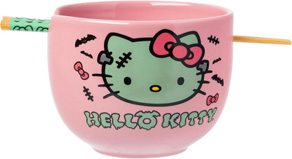 Silver Buffalo Sanrio Hello Kitty Strawberry Milk Japanese Character Ceramic Ramen Noodle Rice Bowl with Chopsticks, Microwave Safe, Pink, 20 Ounces