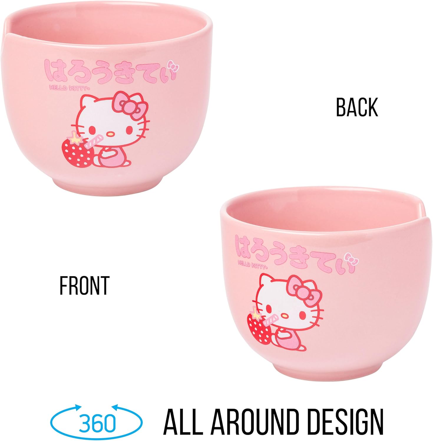 Silver Buffalo Sanrio Hello Kitty Strawberry Milk Japanese Character Ceramic Ramen Noodle Rice Bowl with Chopsticks, Microwave Safe, Pink, 20 Ounces