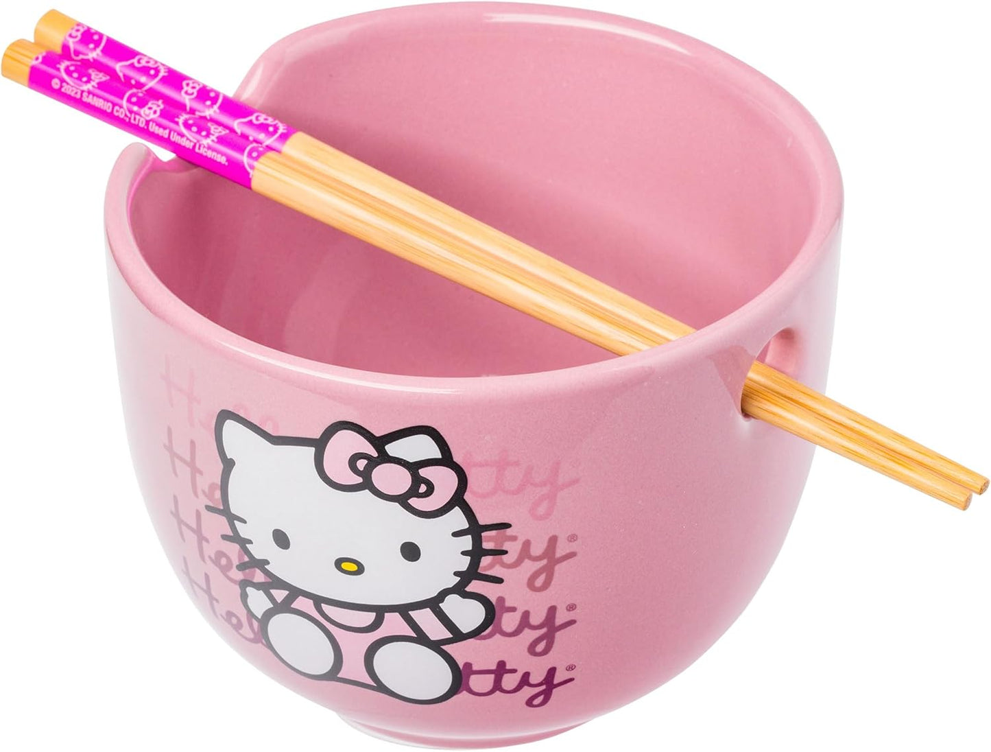 Silver Buffalo Sanrio Hello Kitty Strawberry Milk Japanese Character Ceramic Ramen Noodle Rice Bowl with Chopsticks, Microwave Safe, Pink, 20 Ounces