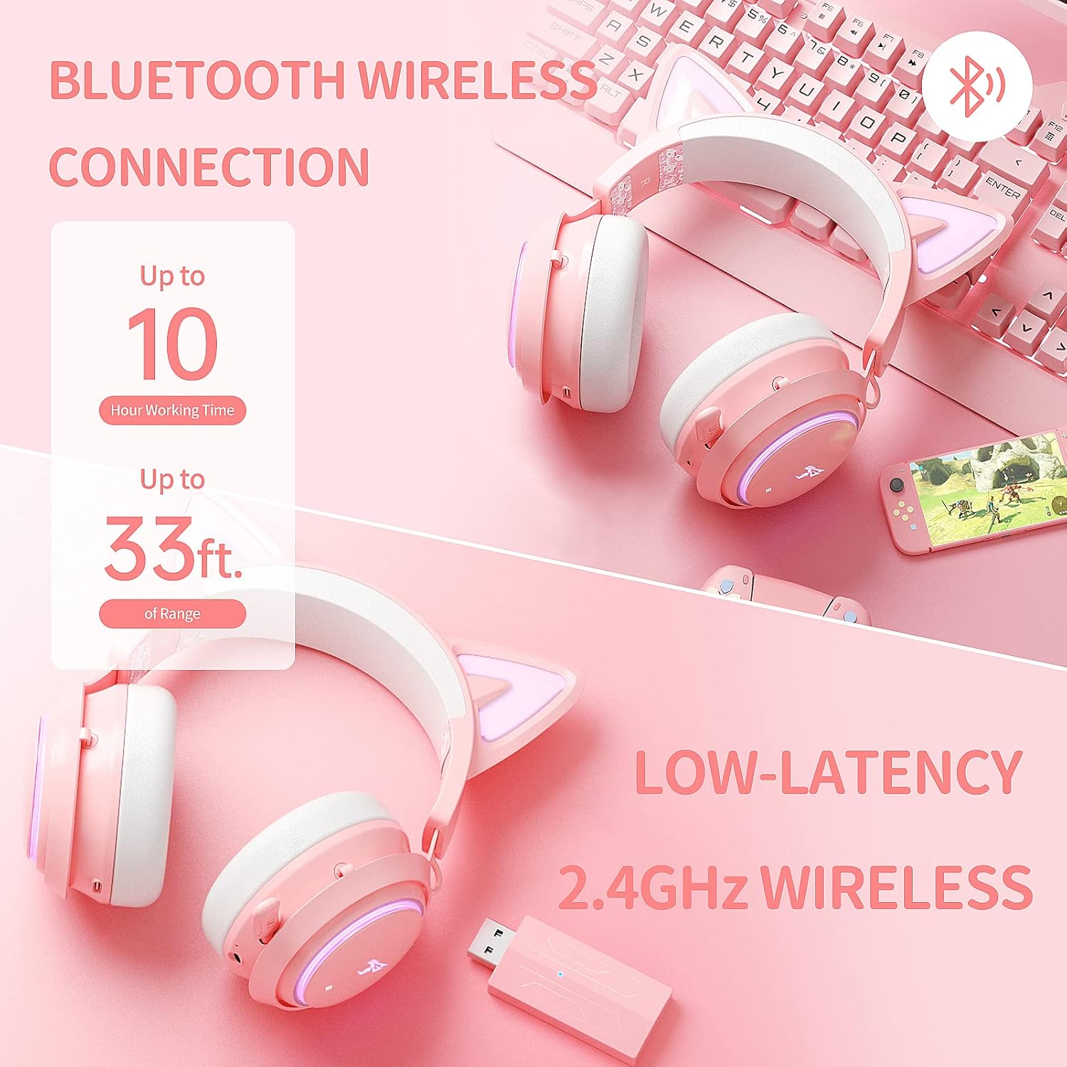 SOMIC Cat Ear Headphones, 2.4G/Bluetooth Wireless Gaming Headset for PS5, PS4, PC with RGB Lights and Retractable Mic, 10Hrs Playtime, 7.1 Surround Sound for Laptop, Smartphone-Gs510 Pro - Pink