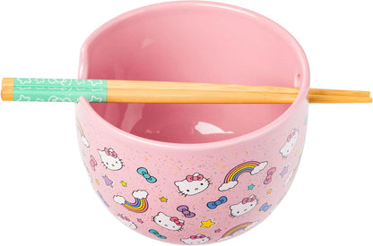 Silver Buffalo Sanrio Hello Kitty Strawberry Milk Japanese Character Ceramic Ramen Noodle Rice Bowl with Chopsticks, Microwave Safe, Pink, 20 Ounces