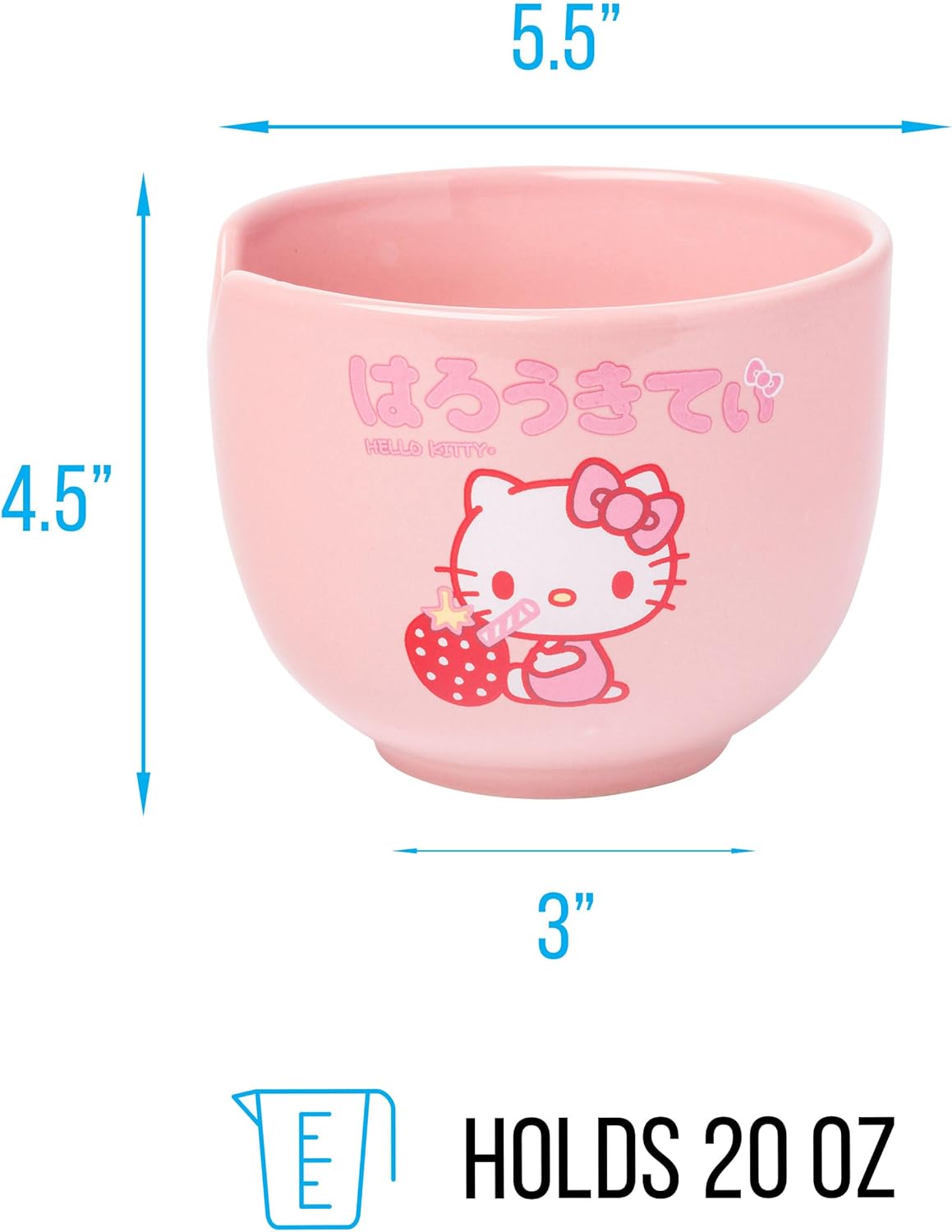 Silver Buffalo Sanrio Hello Kitty Strawberry Milk Japanese Character Ceramic Ramen Noodle Rice Bowl with Chopsticks, Microwave Safe, Pink, 20 Ounces