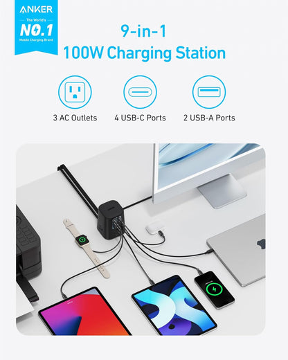 Anker Charging Station (100W), 9-In-1 USB C Power Strip with 300J Surge Protection, for Iphone 15 and Macbook, 5 Ft Flat Cable and Plug, 4 USB C and 2 USB a Ports, 3 AC Outlets, for Home, Office