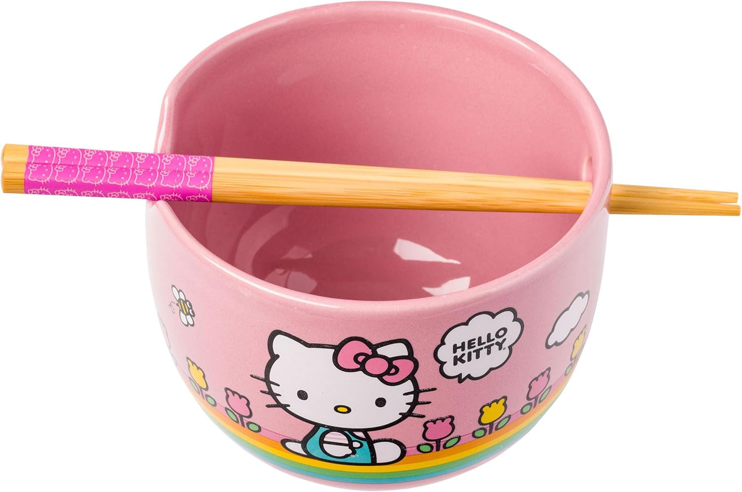 Silver Buffalo Sanrio Hello Kitty Strawberry Milk Japanese Character Ceramic Ramen Noodle Rice Bowl with Chopsticks, Microwave Safe, Pink, 20 Ounces