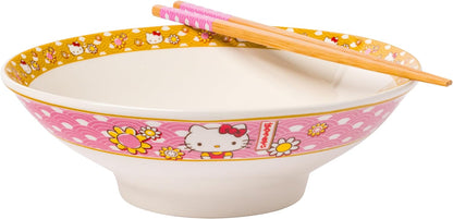 Silver Buffalo Sanrio Hello Kitty Strawberry Milk Japanese Character Ceramic Ramen Noodle Rice Bowl with Chopsticks, Microwave Safe, Pink, 20 Ounces