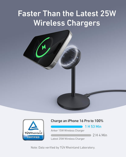 Anker Maggo Iphone 16 Magsafe-Compatible Wireless Charger Stand, 15W Fast Magnetic Wireless Charging Station, Qi2 Certified 360° Charger, for Iphone 16/15/14/13/12 Series and Airpods (No AC Adapter)