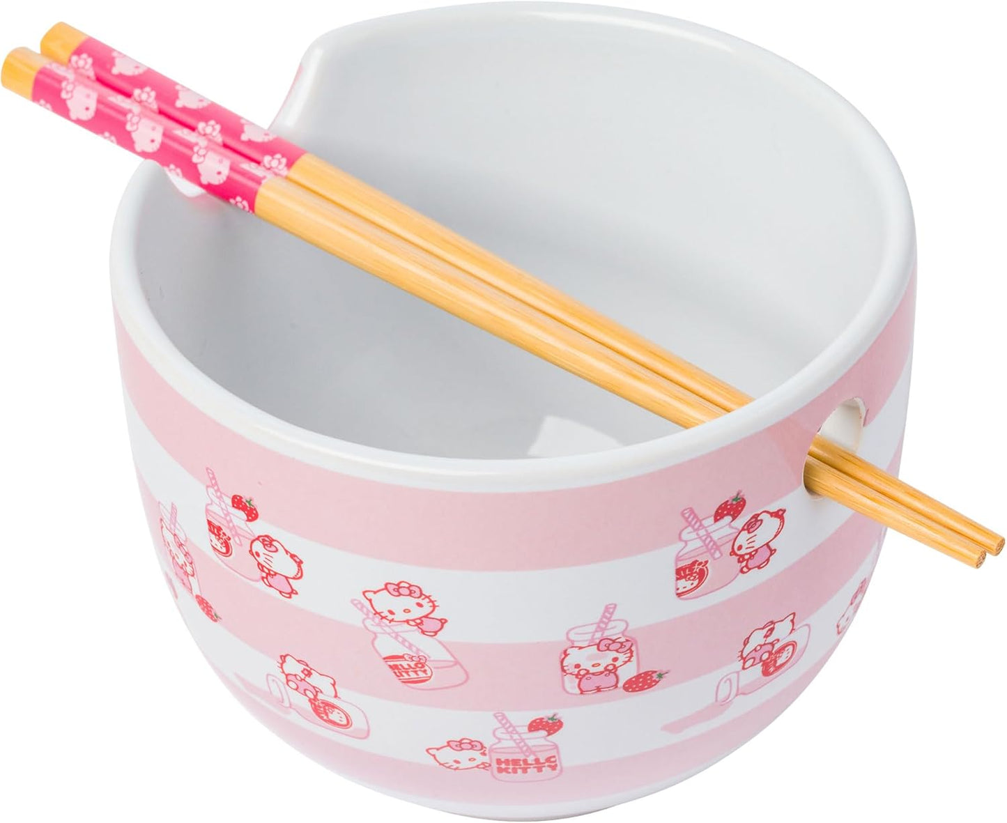 Silver Buffalo Sanrio Hello Kitty Strawberry Milk Japanese Character Ceramic Ramen Noodle Rice Bowl with Chopsticks, Microwave Safe, Pink, 20 Ounces