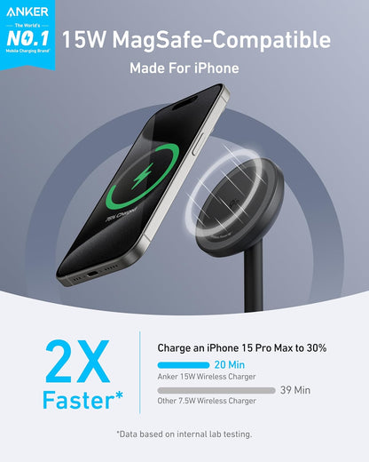 Anker Maggo Iphone 16 Magsafe-Compatible Wireless Charger Stand, 15W Fast Magnetic Wireless Charging Station, Qi2 Certified 360° Charger, for Iphone 16/15/14/13/12 Series and Airpods (No AC Adapter)