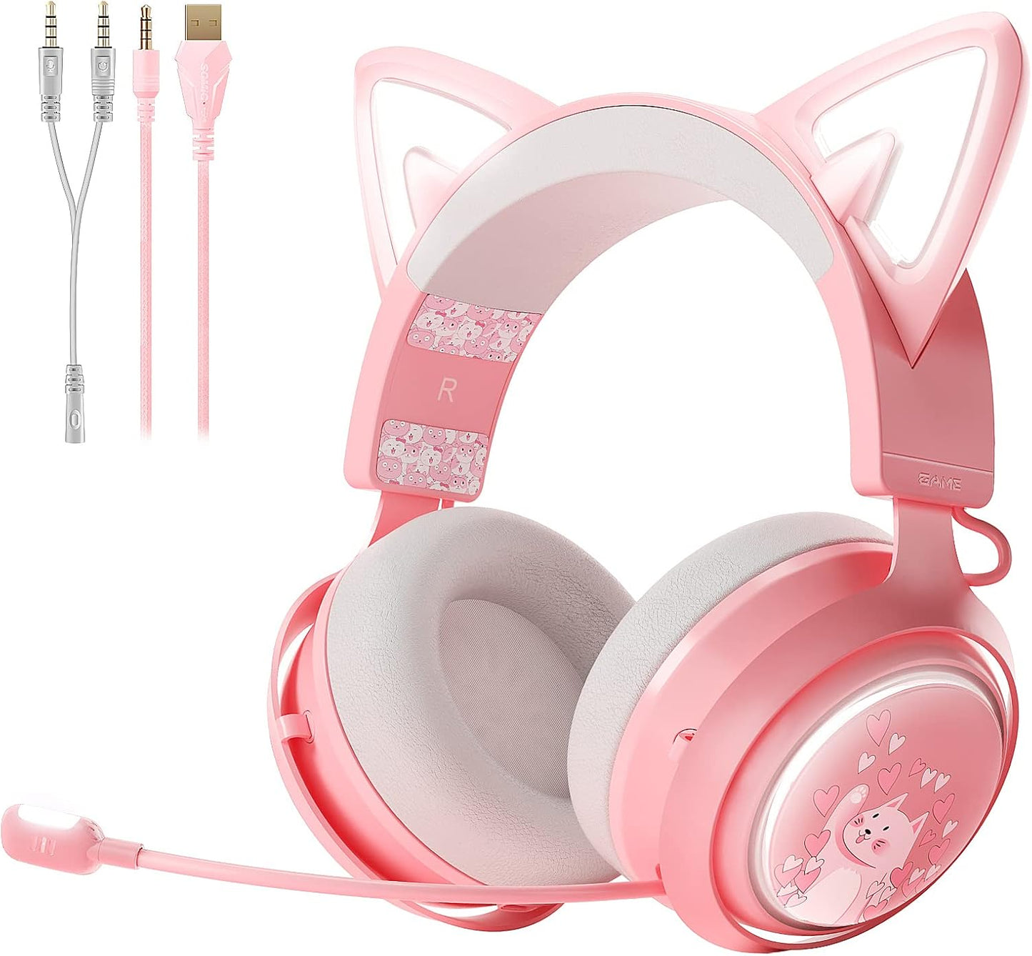 SOMIC Cat Ear Headphones, 2.4G/Bluetooth Wireless Gaming Headset for PS5, PS4, PC with RGB Lights and Retractable Mic, 10Hrs Playtime, 7.1 Surround Sound for Laptop, Smartphone-Gs510 Pro - Pink