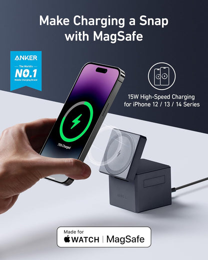 Anker Magsafe Charger Stand, Wireless Charger, 3-In-1 Cube, 15W Foldable Fast Charging for Iphone 16/15/14/13, Apple Watch, Airpods (Charger Included)