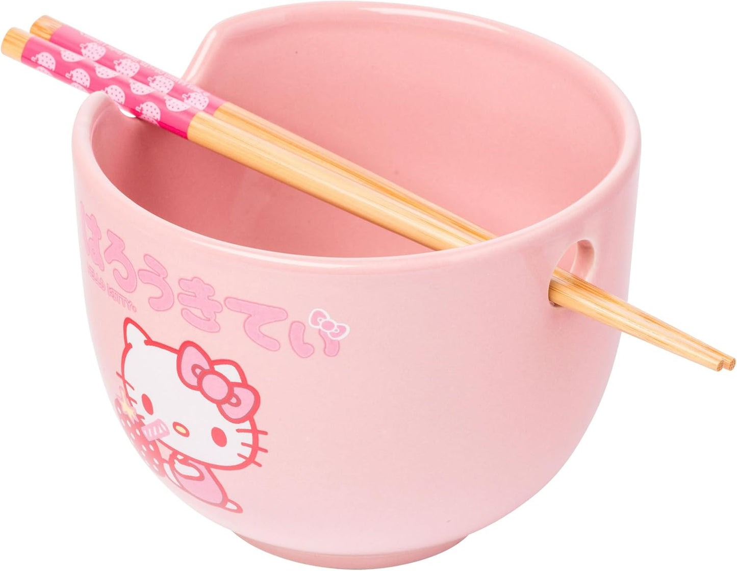 Silver Buffalo Sanrio Hello Kitty Strawberry Milk Japanese Character Ceramic Ramen Noodle Rice Bowl with Chopsticks, Microwave Safe, Pink, 20 Ounces