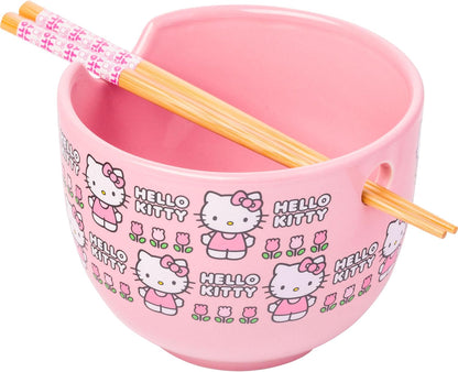 Silver Buffalo Sanrio Hello Kitty Strawberry Milk Japanese Character Ceramic Ramen Noodle Rice Bowl with Chopsticks, Microwave Safe, Pink, 20 Ounces