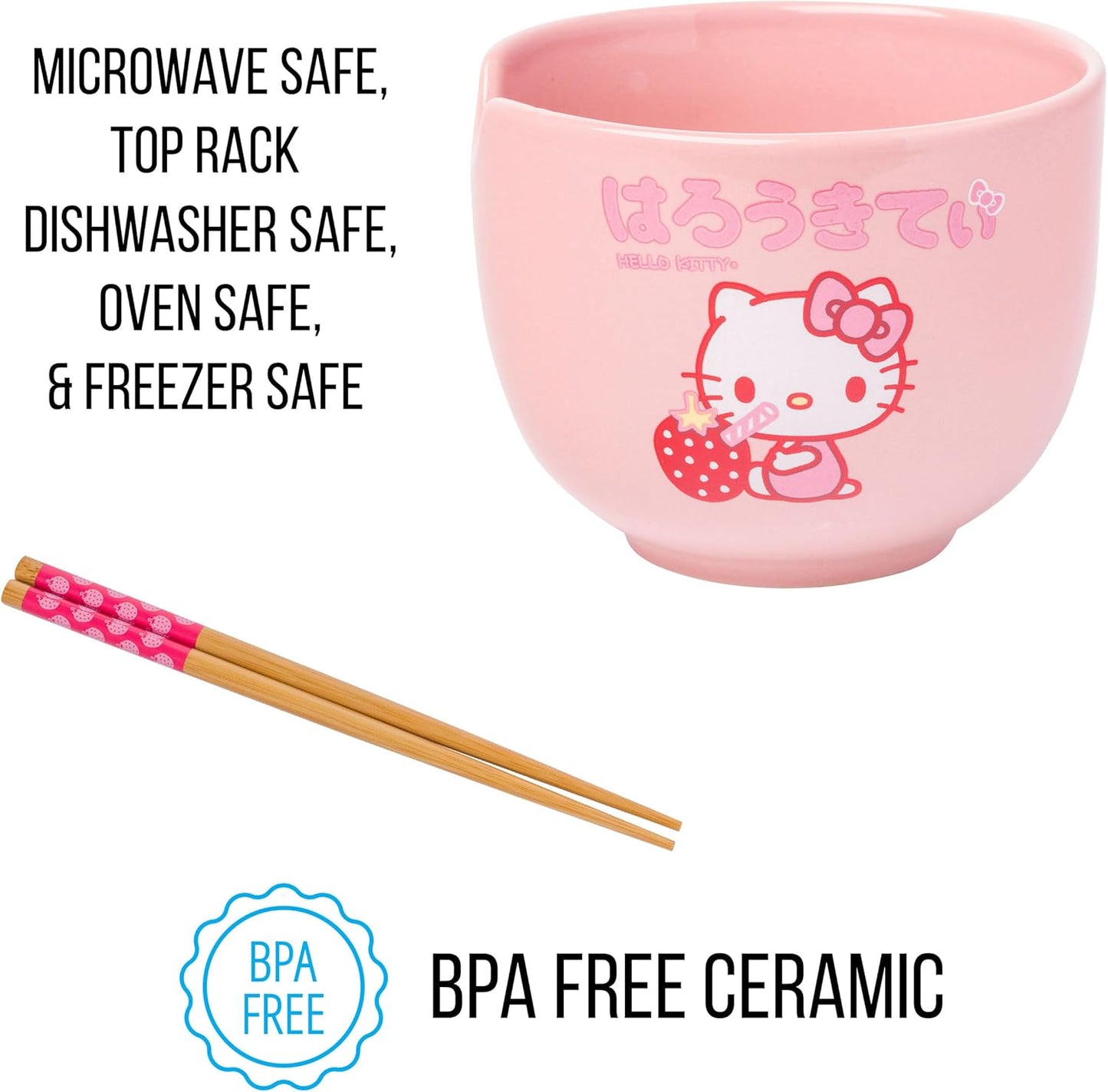 Silver Buffalo Sanrio Hello Kitty Strawberry Milk Japanese Character Ceramic Ramen Noodle Rice Bowl with Chopsticks, Microwave Safe, Pink, 20 Ounces