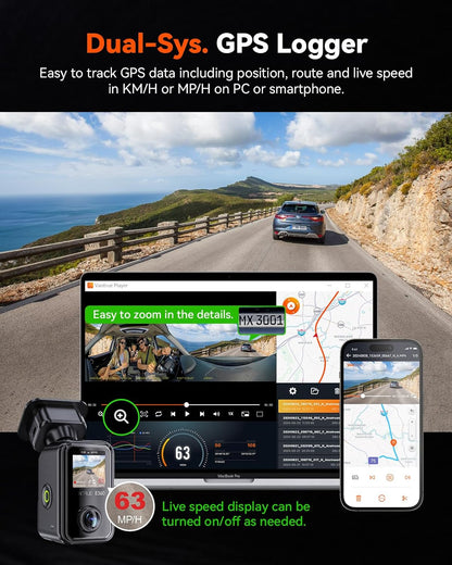 Vantrue E360 5.2K 360° Panoramic Dash Cam, 5Ghz Wifi&Gps, Dual STARVIS 2, HDR,8 IR Night Vision, Front and inside Dash Camera, Voice Control, Touchscreen, 24/7 Buffered Parking Mode, Support 512GB Max