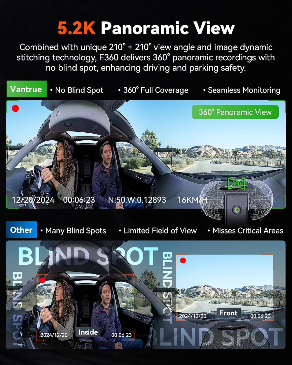 Vantrue E360 5.2K 360° Panoramic Dash Cam, 5Ghz Wifi&Gps, Dual STARVIS 2, HDR,8 IR Night Vision, Front and inside Dash Camera, Voice Control, Touchscreen, 24/7 Buffered Parking Mode, Support 512GB Max