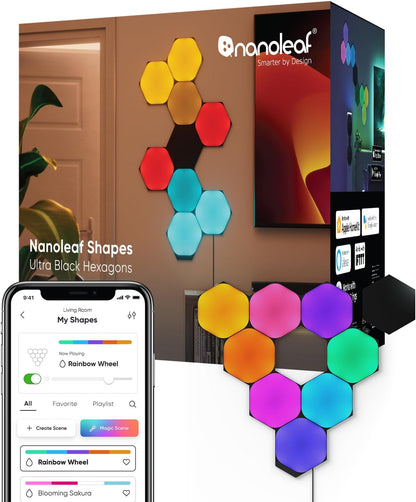 Nanoleaf Shapes Wifi and Thread Smart RGBW 16M+ Color LED Dimmable Gaming and Home Decor Wall Lights Smarter Kits Hexagons Smarter Kit (7 Pack)