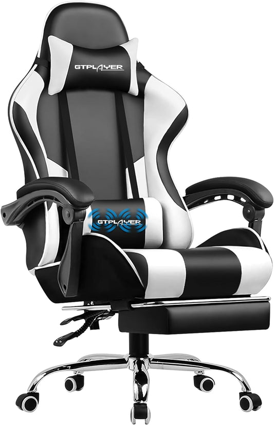 GTPLAYER Gaming Chair, Computer Chair with Footrest and Lumbar Support, Height Adjustable Game Chair with 360°-Swivel Seat and Headrest and for Office or Gaming (White)