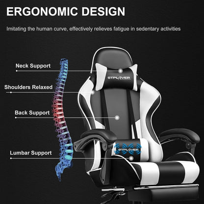 GTPLAYER Gaming Chair, Computer Chair with Footrest and Lumbar Support, Height Adjustable Game Chair with 360°-Swivel Seat and Headrest and for Office or Gaming (White)