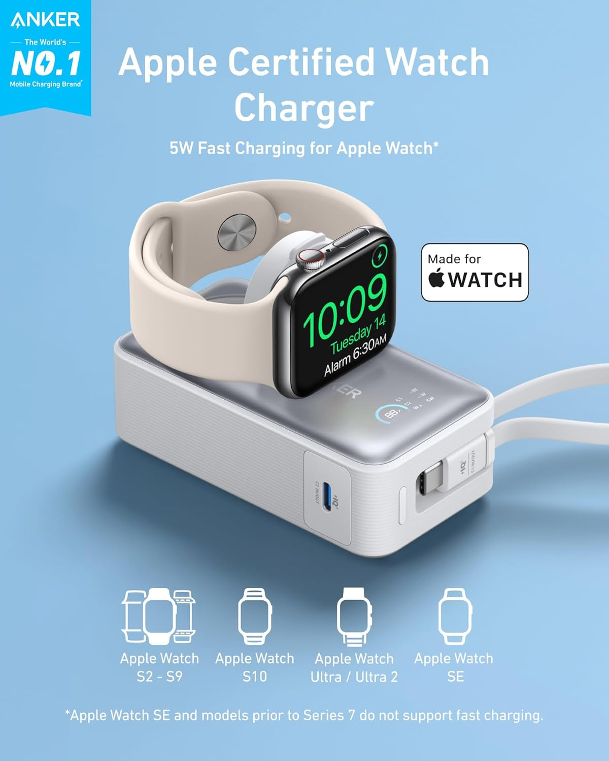 Anker Maggo Power Bank for Apple Watch, Officially Certified 10,000Mah Compact Battery Pack with Built-In USB-C Cable, 35W Max, for Iphone 15 Series, Samsung, Ipad, Airpods, and More(White)